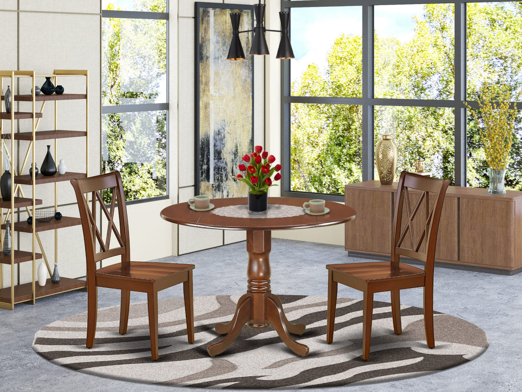 DLCL3-XV1-2 Three-Piece Mahogany Round Dining Set with Dropleaf Table and 2 Wooden Chairs, Ideal for Small Spaces, 42x42 Inch