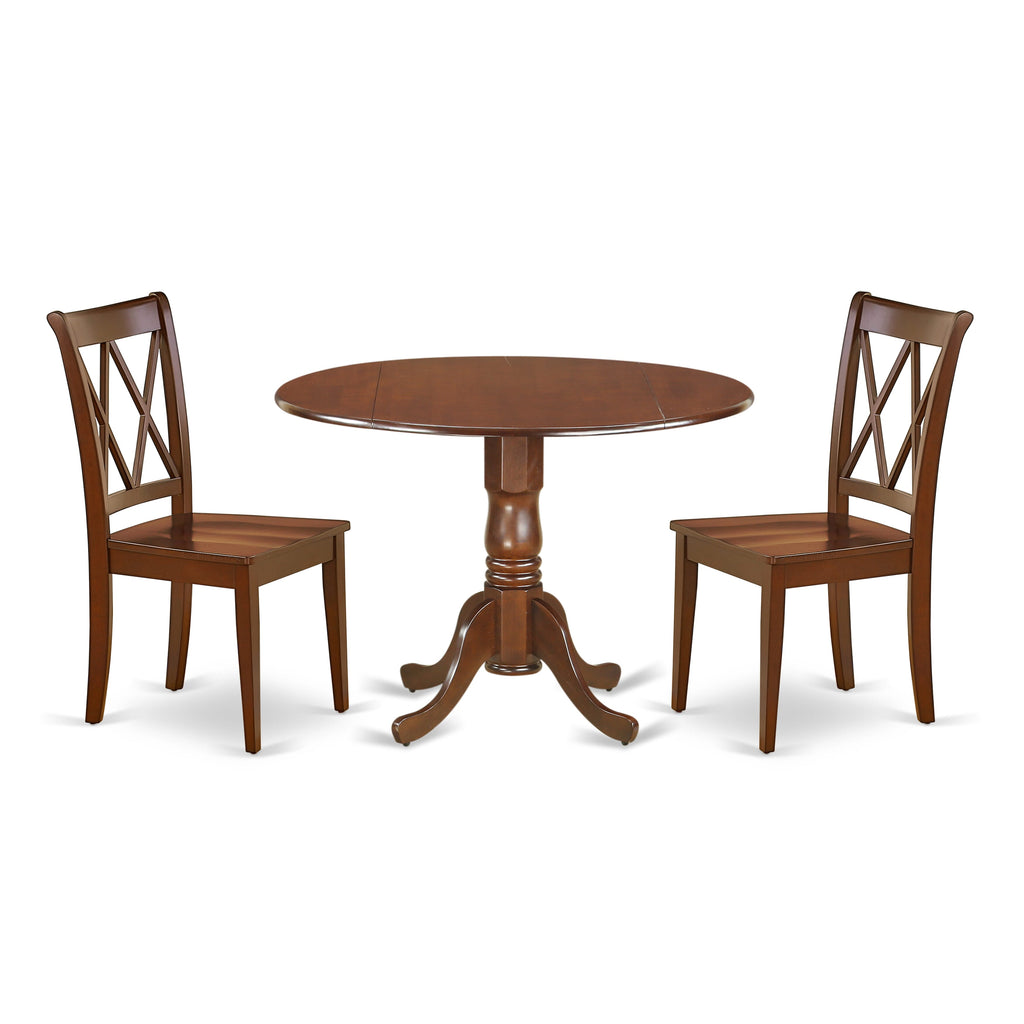 DLCL3-XV1-2 Three-Piece Mahogany Round Dining Set with Dropleaf Table and 2 Wooden Chairs, Ideal for Small Spaces, 42x42 Inch