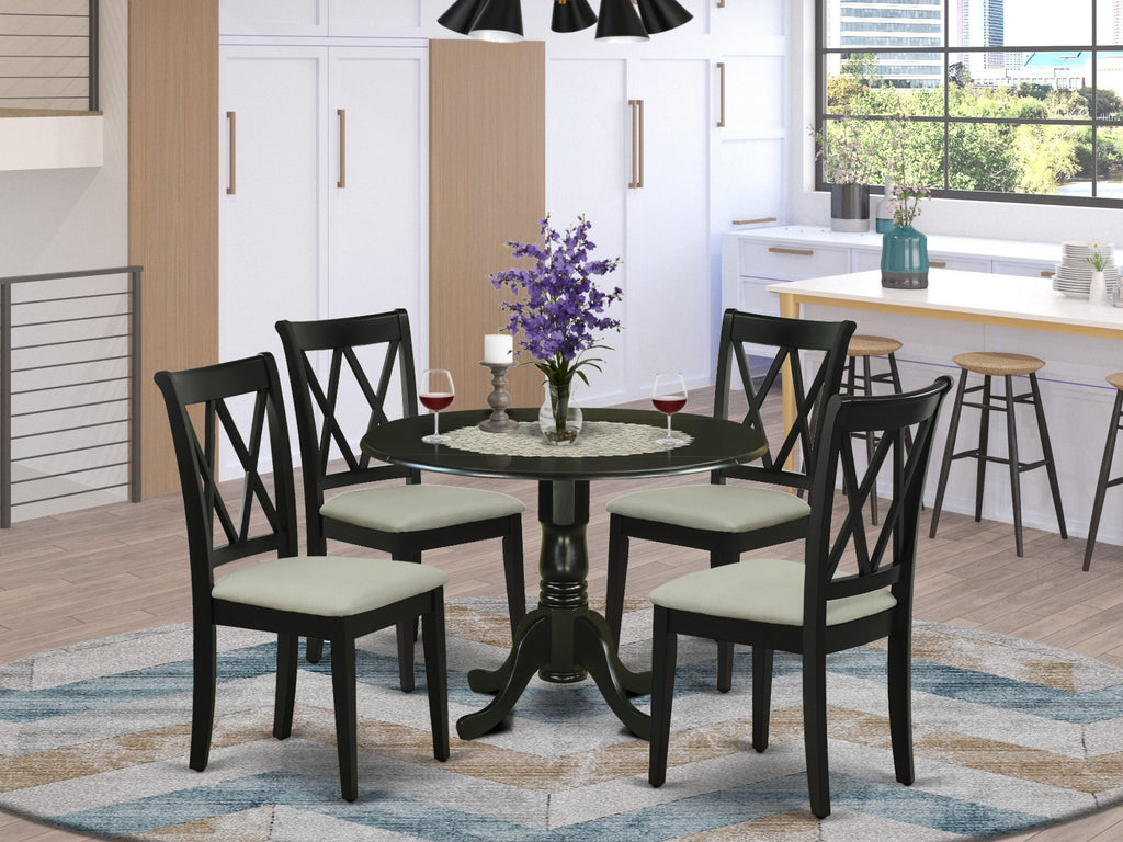 Sleek DLCL5-GMT-9 5-Piece Dining Set Round Dropleaf Table, 4 Upholstered Linen Chairs, Elegant 42x42 Size