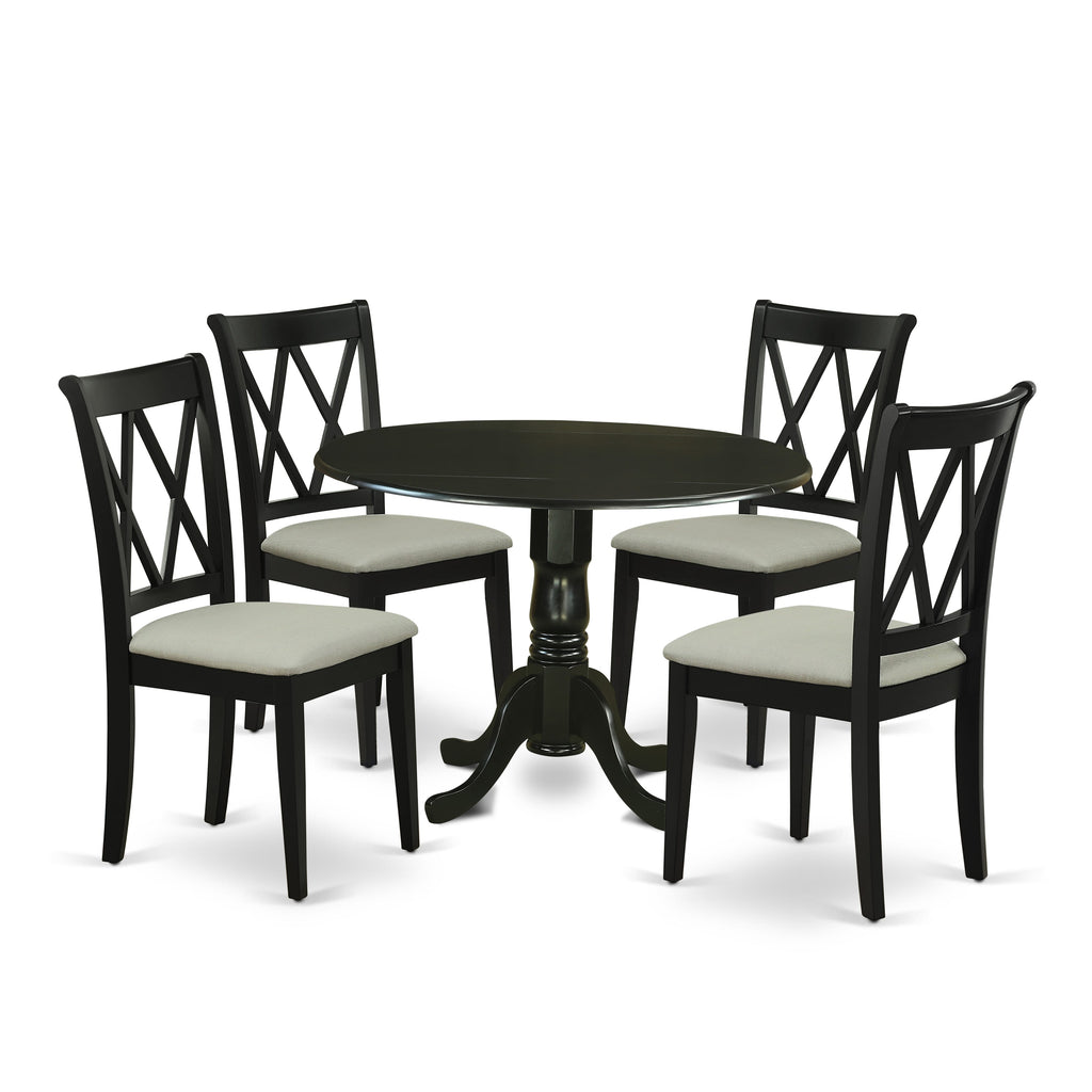 Sleek DLCL5-GMT-9 5-Piece Dining Set Round Dropleaf Table, 4 Upholstered Linen Chairs, Elegant 42x42 Size