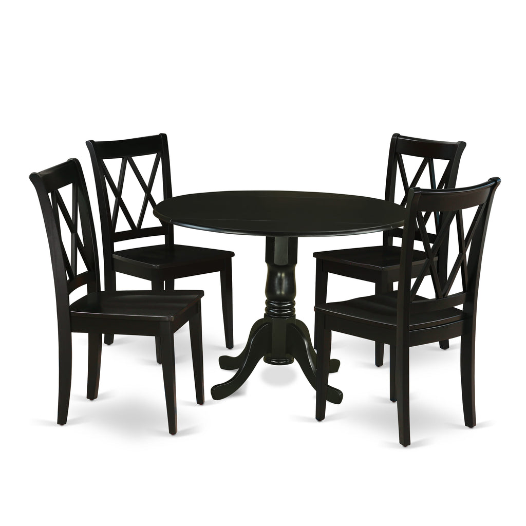 DLCL5-Y5E-E 5 Unit Dining Set with Round Dropleaf Table and 4 Chairs in Black, Dimensions 42x42
