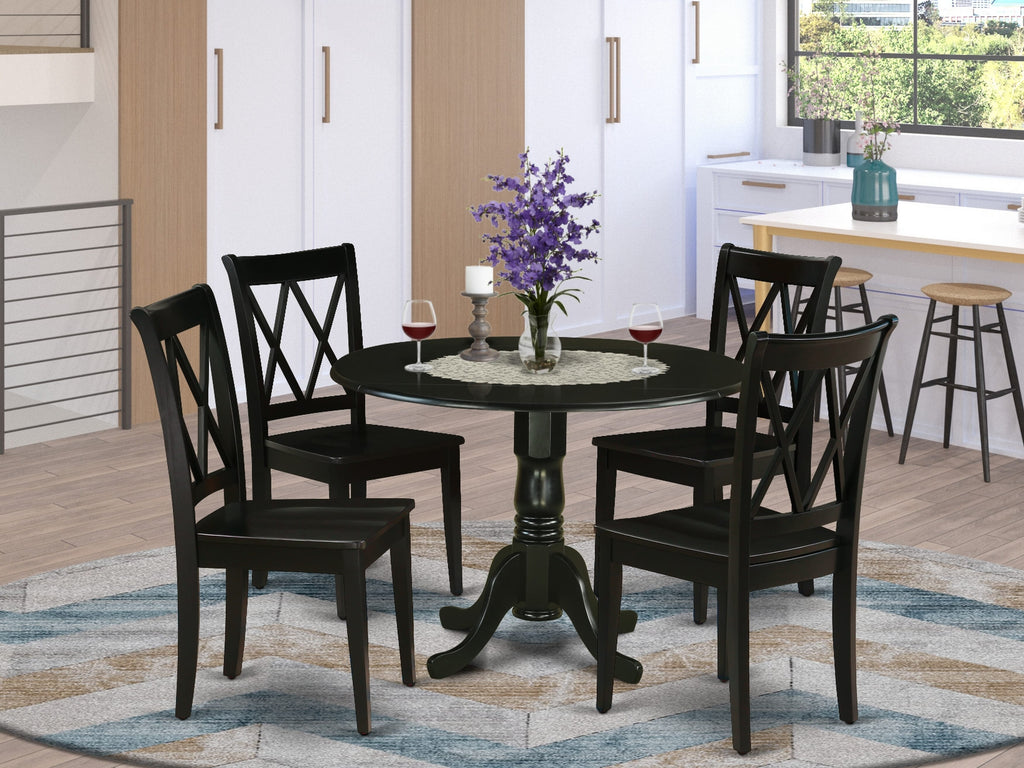 DLCL5-Y5E-E 5 Unit Dining Set with Round Dropleaf Table and 4 Chairs in Black, Dimensions 42x42