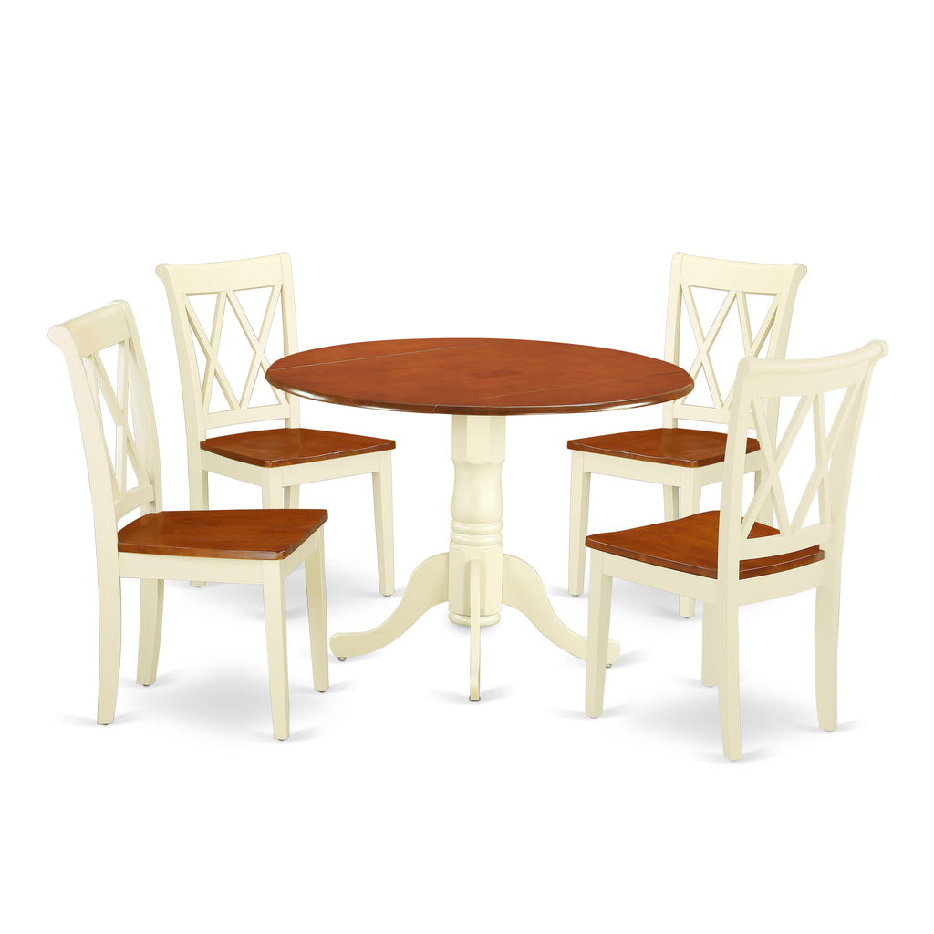 DLCL5-BMK Dining Table Set - 5 Piece Ensemble with Round Dropleaf and 4 Wood Chair Seats, 42 Buttermilk Cherry