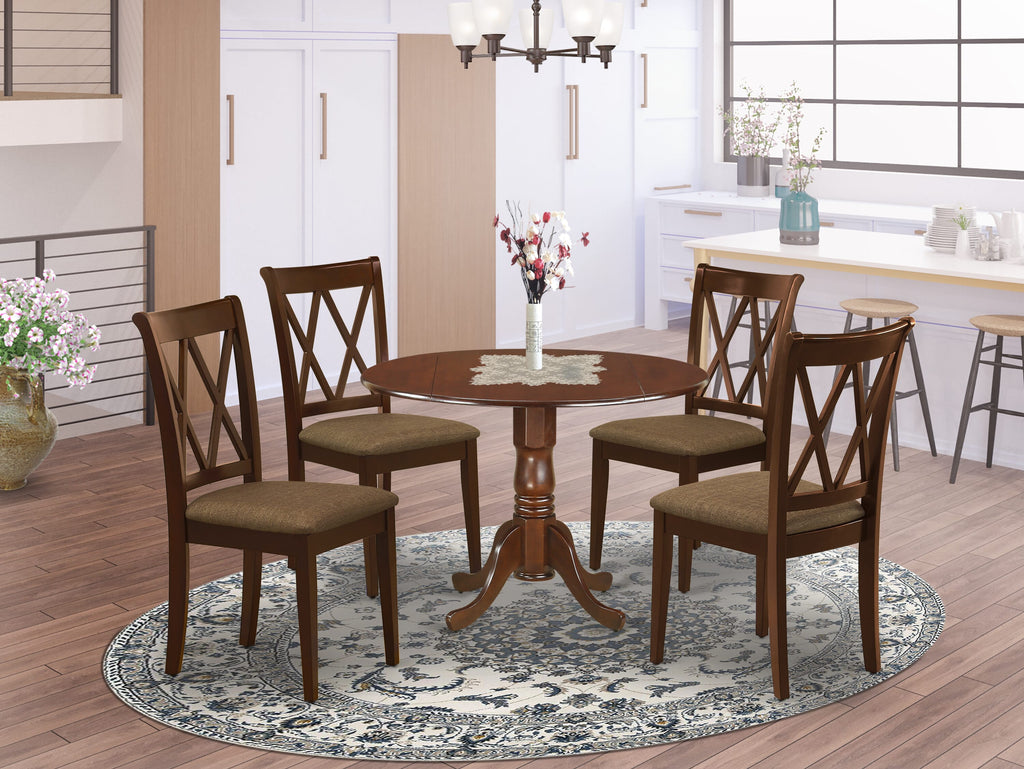 DLCL5-XB8-R 5 Piece Dining Set Featuring Round Dropleaf Table and 4 Fabric Chairs, 42 Inch, Mahogany