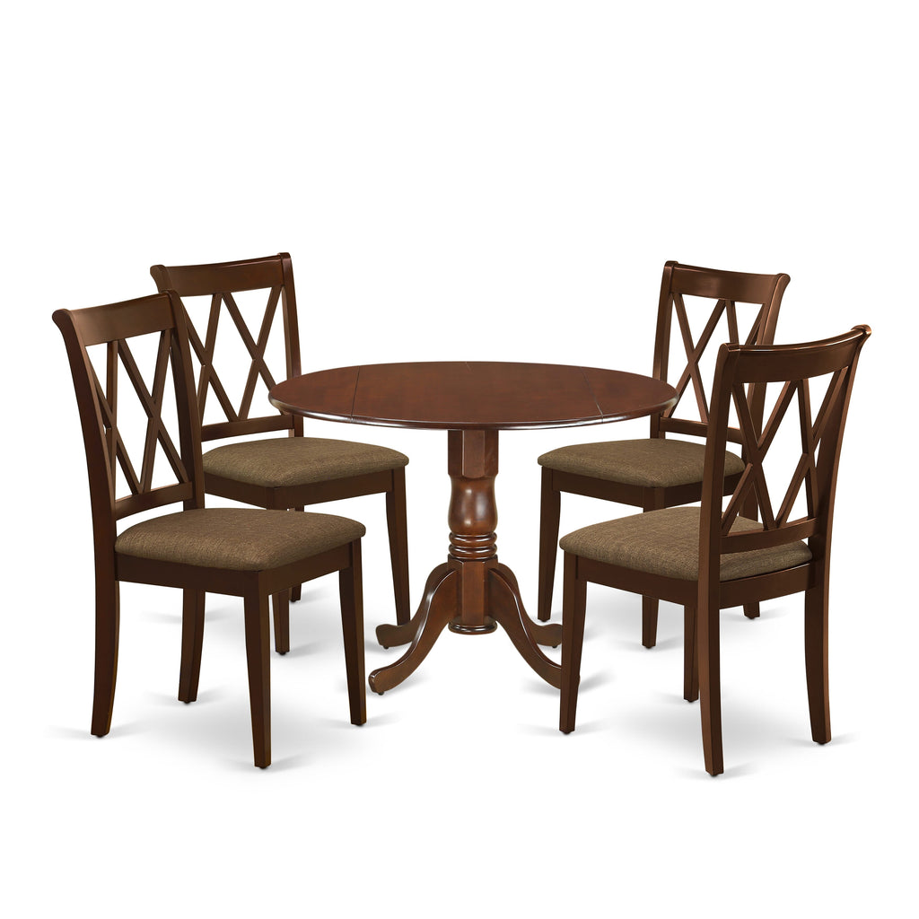 DLCL5-XB8-R 5 Piece Dining Set Featuring Round Dropleaf Table and 4 Fabric Chairs, 42 Inch, Mahogany