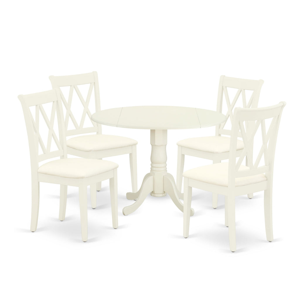 DLCL5-1E7-U Chic 5-Piece Round Dining Ensemble with Dropleaf Table & Upholstered Chairs in Linen White