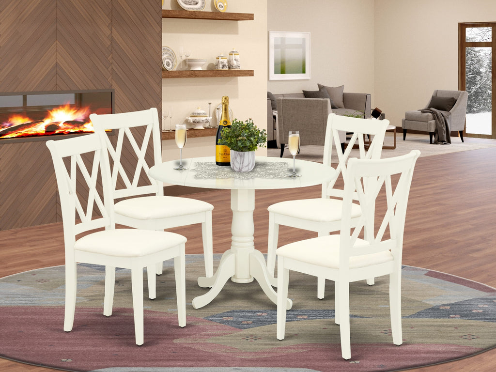 DLCL5-1E7-U Chic 5-Piece Round Dining Ensemble with Dropleaf Table & Upholstered Chairs in Linen White