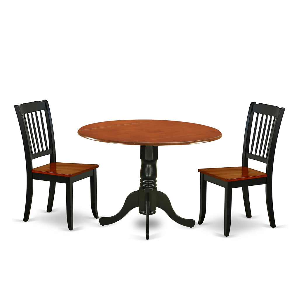 3 Piece Dining Set with Drop Leaf Table DLDA3-WX7-E, Round Cherry & Black Tabletop and Chairs, 42 inches