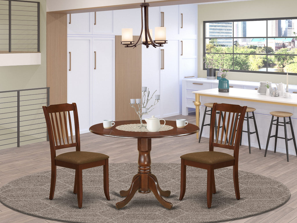 Transform Your Dining Space with DLDA3-UXD-Q Set 3-Piece Round Table and Linen Chairs, Mahogany Charm