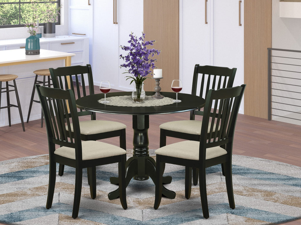 DLDA5-KDK-O Deluxe 5-Piece Dining Ensemble Dropleaf Table with Upholstered Seats - Black, 42 Diameter
