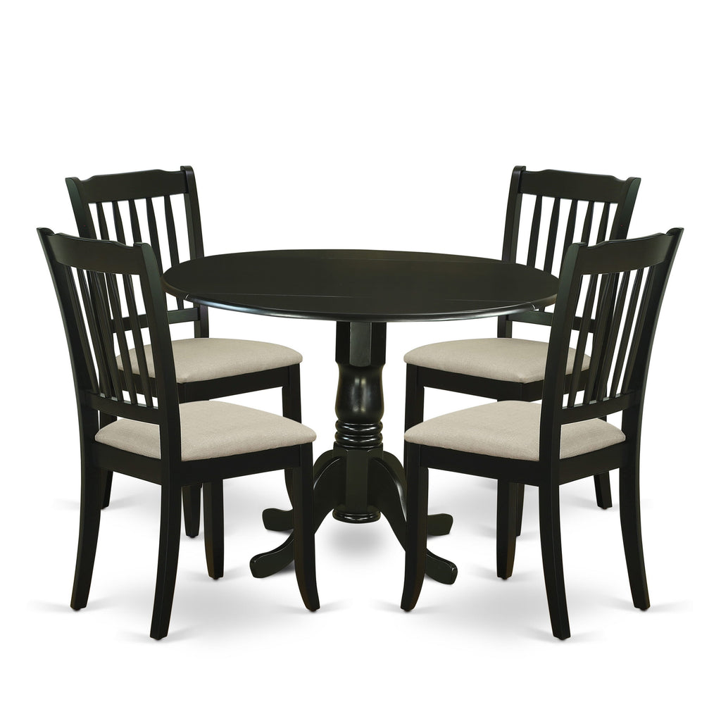 DLDA5-KDK-O Deluxe 5-Piece Dining Ensemble Dropleaf Table with Upholstered Seats - Black, 42 Diameter