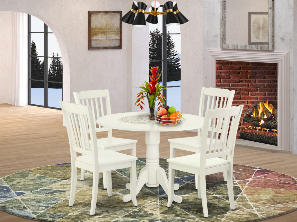 DLDA5-OW8-Z 5-Piece Dining Ensemble with Round Drop-Leaf Table & 4 Chairs, 42x42 Inch, Off-White