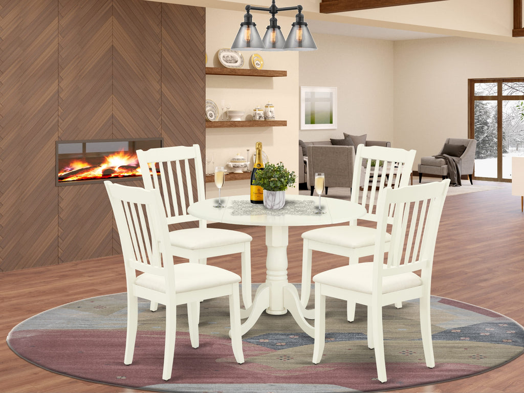 DLDA5-GXQ-8 Round Dining Ensemble with Drop Leaf & Upholstered Chairs, White Hue, 5-Piece Set