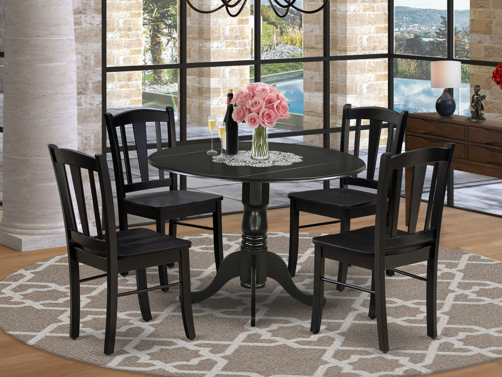 DLDL5-LJ5-D 5-Piece Round Table Set with Dropleaf & 4 Chairs for Dining Space, 42 Black