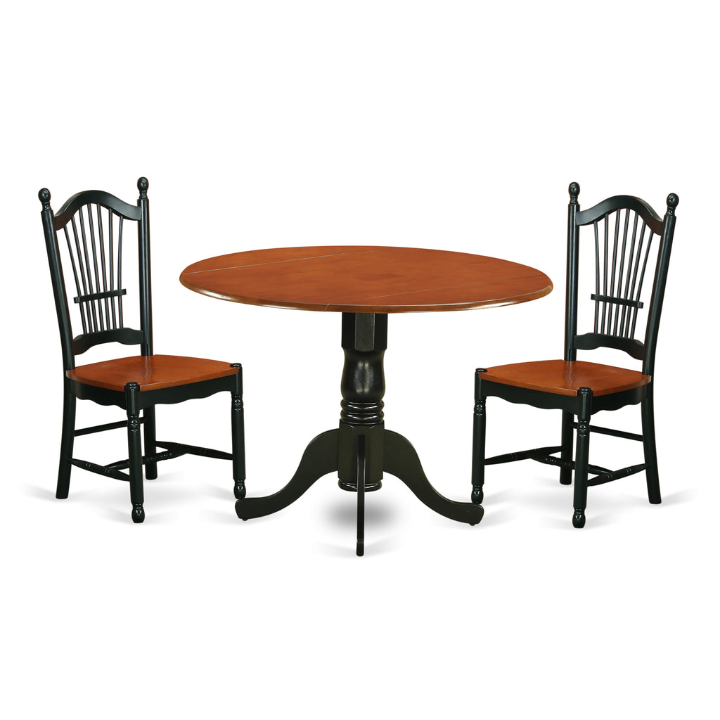 DLDO3-46T-J 3-Piece Dining Ensemble with Round Table, Dropleaf Feature, and Two Wooden Chairs - Black & Cherry Finish