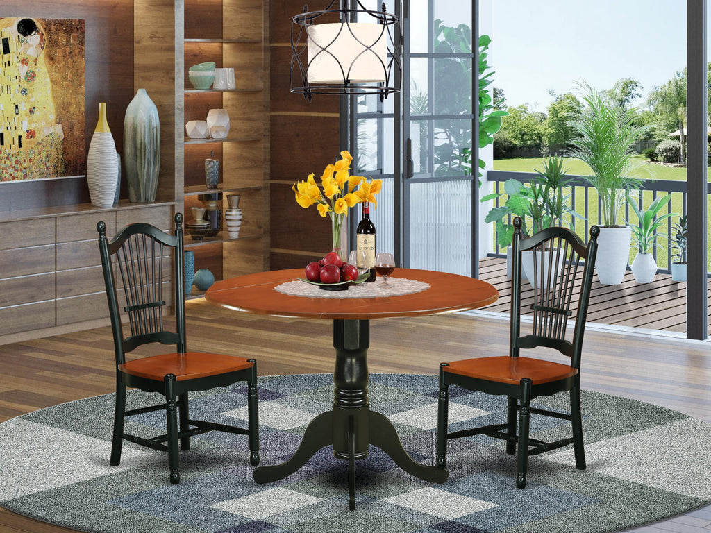 DLDO3-46T-J 3-Piece Dining Ensemble with Round Table, Dropleaf Feature, and Two Wooden Chairs - Black & Cherry Finish
