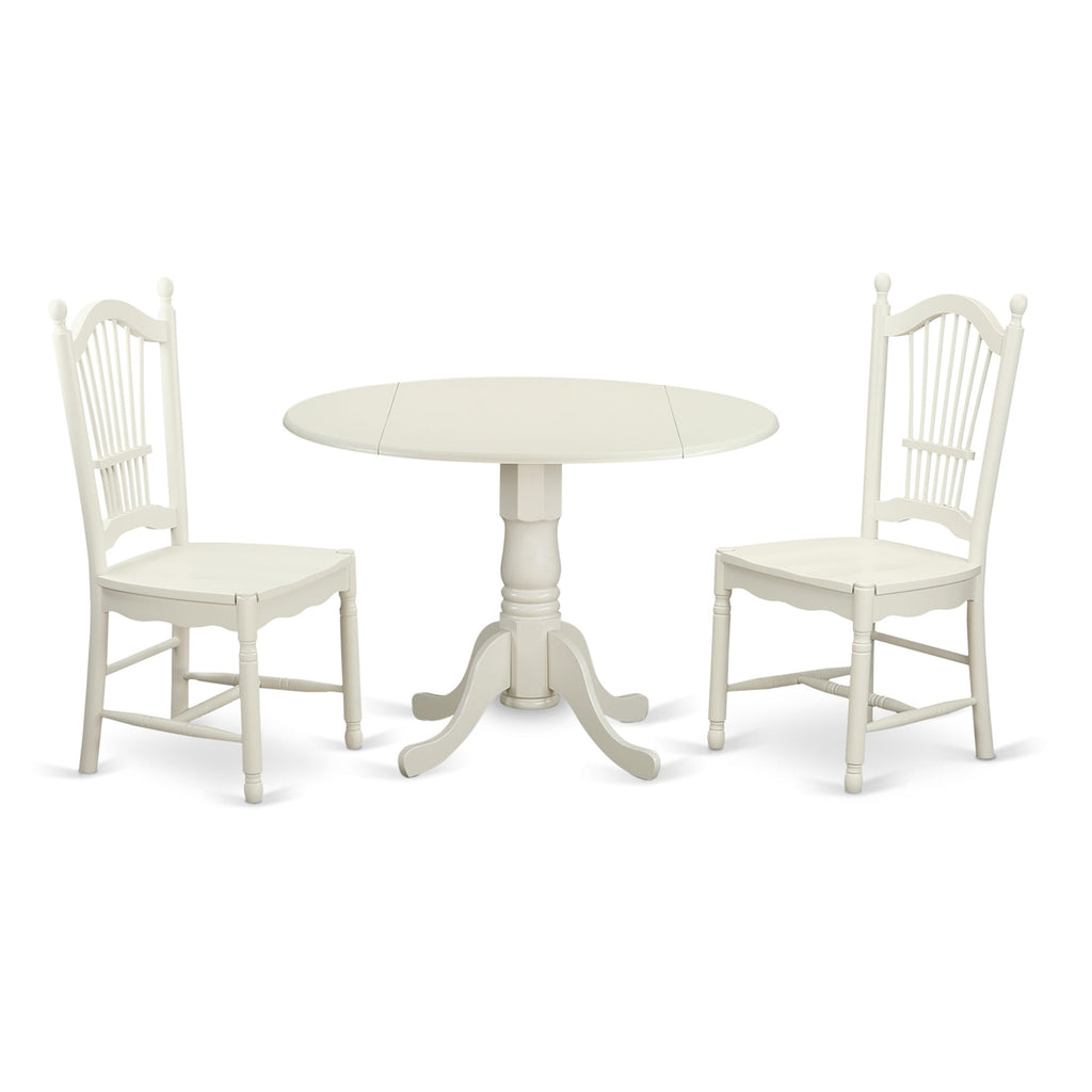 DLDO3-I2B-7 Modern 3-Piece Dining Ensemble Featuring Round Drop-Leaf Table and Two Stylish Chairs in White, 42x42 In.