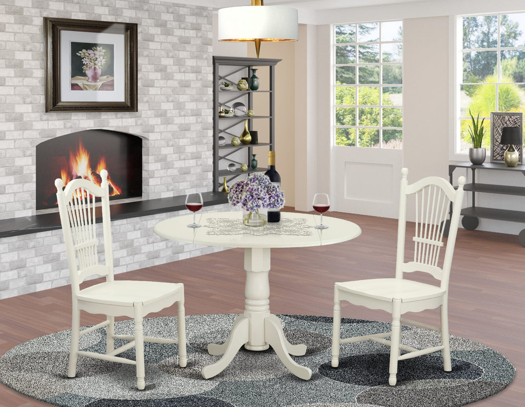 DLDO3-I2B-7 Modern 3-Piece Dining Ensemble Featuring Round Drop-Leaf Table and Two Stylish Chairs in White, 42x42 In.