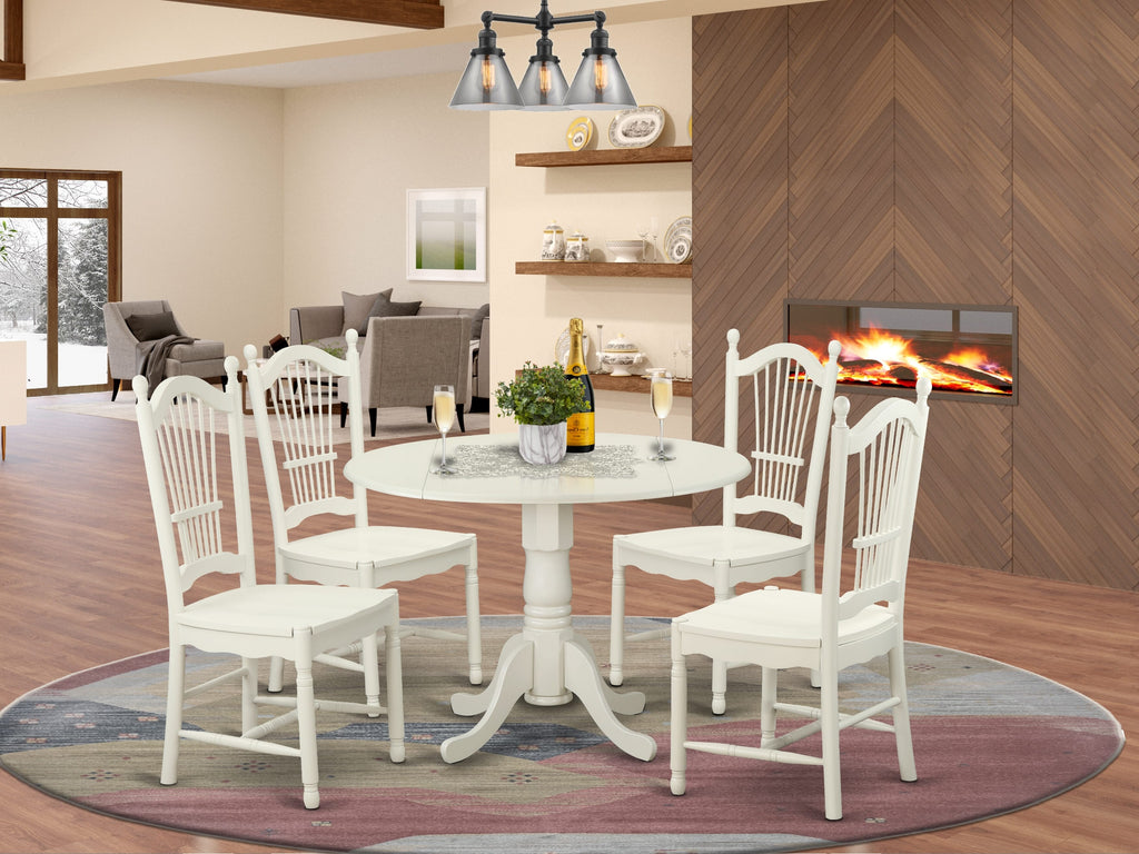 Essential Dining Ensemble DLDO5-DSZ-A 5 Pc Set with Dropleaf Table & 4 Chairs, 42x42 Inch, Classic Linen White