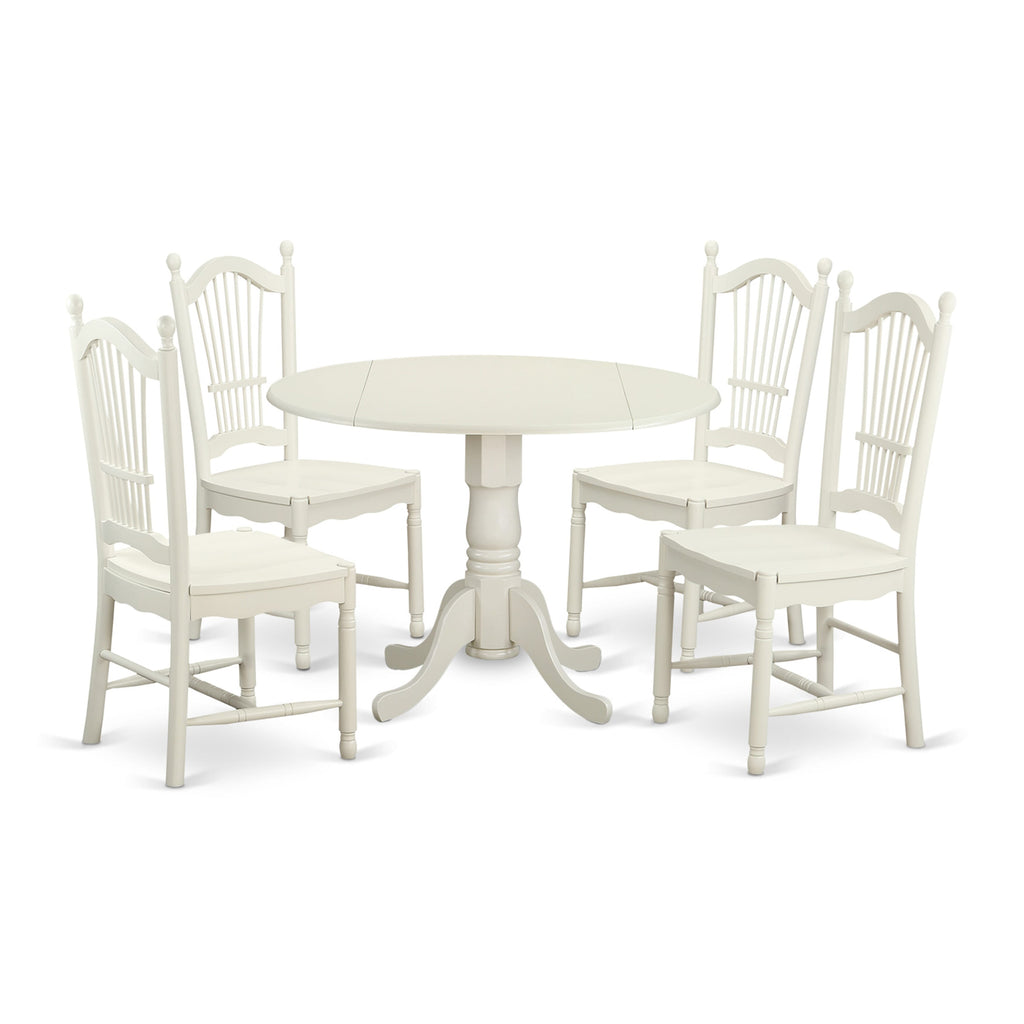 Essential Dining Ensemble DLDO5-DSZ-A 5 Pc Set with Dropleaf Table & 4 Chairs, 42x42 Inch, Classic Linen White