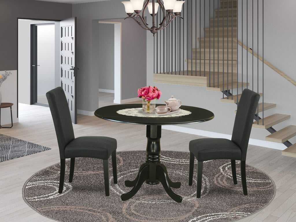 DLDR3-01R-G3 Compact Round Dining Set with Dropleaf Table & 2 Upholstered Black Chairs, 42x42 Tabletop