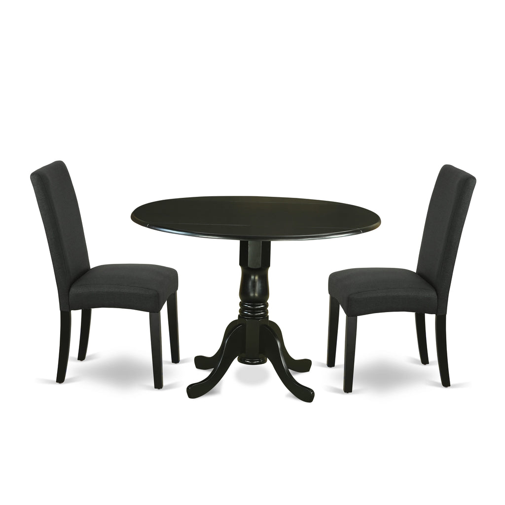 DLDR3-01R-G3 Compact Round Dining Set with Dropleaf Table & 2 Upholstered Black Chairs, 42x42 Tabletop