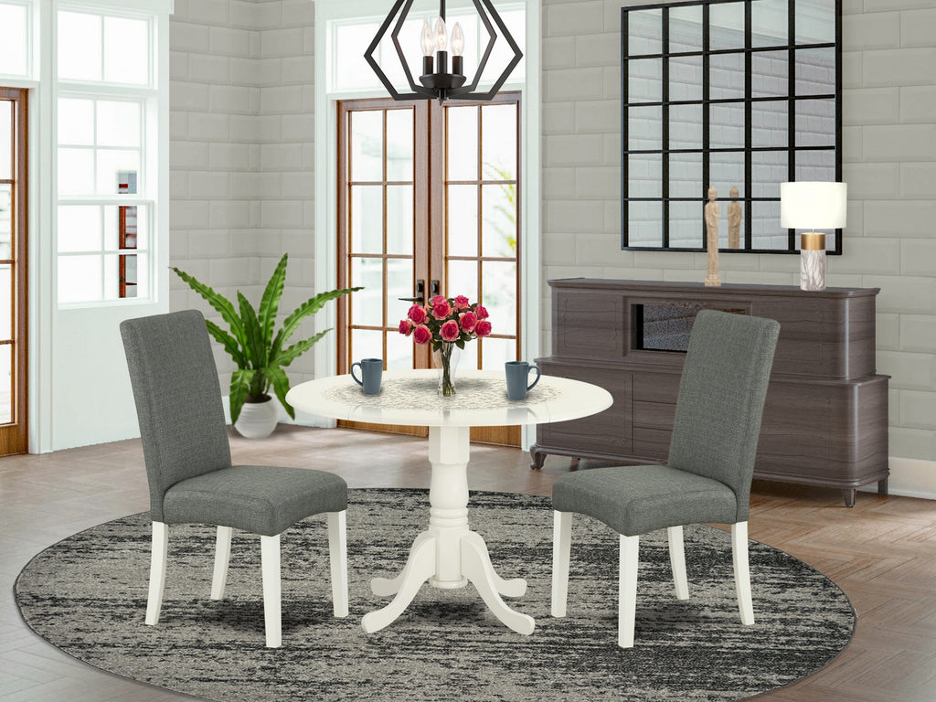 DLDR3-END-IR Three-Piece Dining Set with Drop Leaf Round Table & Chairs in White