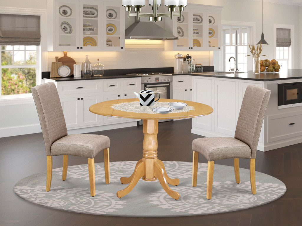 Explore DLDR3-VR4-8D Set Chic 3-Piece Dining Set with Round Dropleaf Table & 2 Dark Khaki Chairs