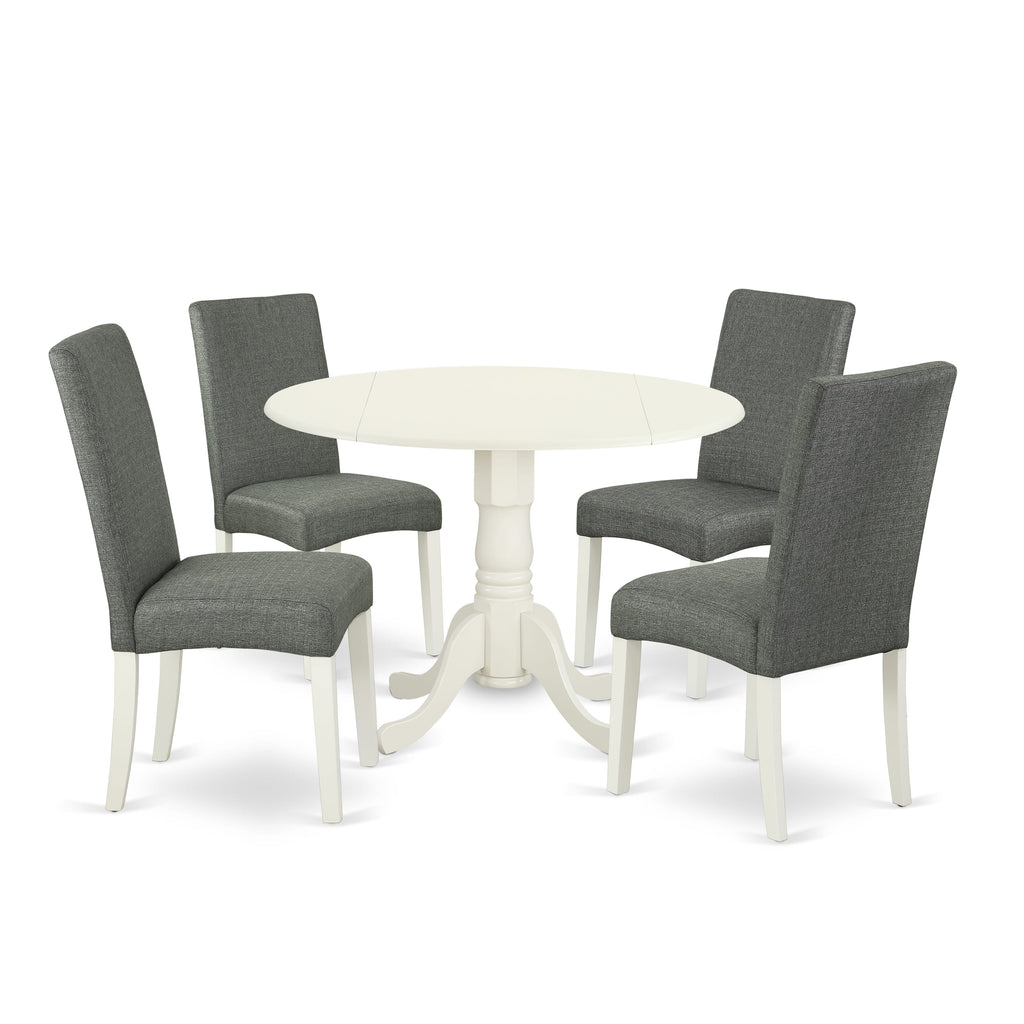 DLDR5-CF6-4J 5-Piece Round Dining Ensemble with Gray Upholstered Chairs and Dropleaf Table, 42x42 Linen White
