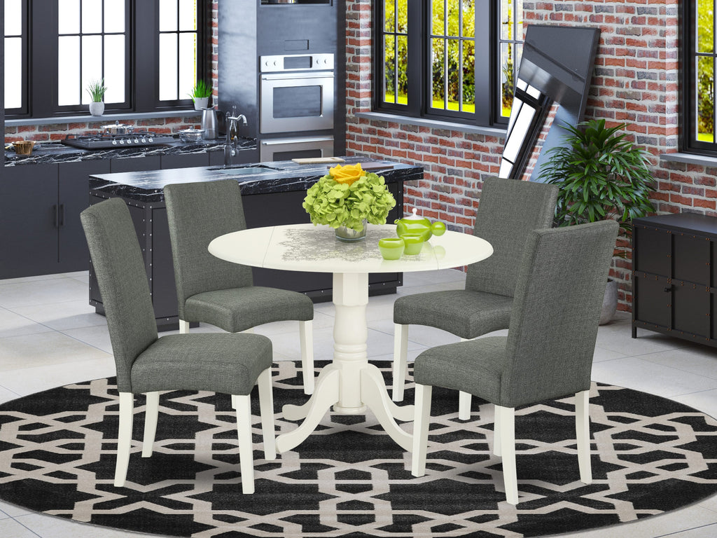 DLDR5-CF6-4J 5-Piece Round Dining Ensemble with Gray Upholstered Chairs and Dropleaf Table, 42x42 Linen White