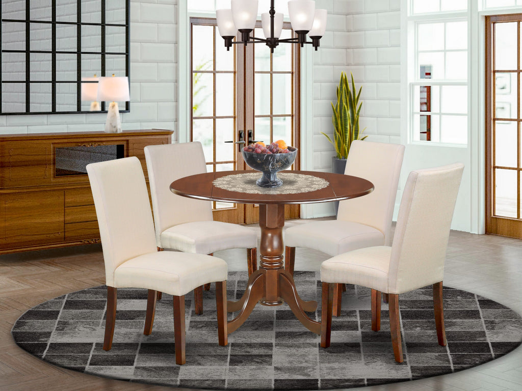 DLDR5-EBH-M8 5 Piece Dining Set with Round Dropleaf Table & 4 Cream Fabric Seats, 42x42 Mahogany