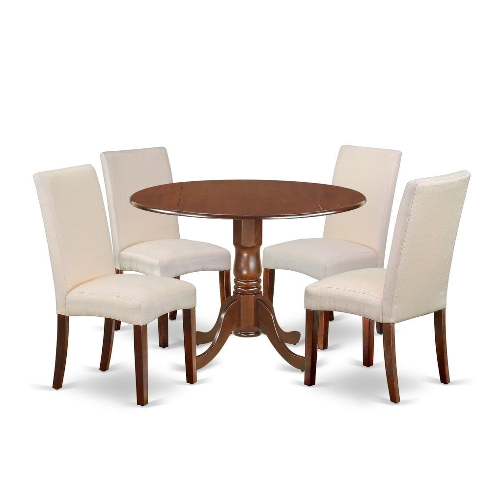 DLDR5-EBH-M8 5 Piece Dining Set with Round Dropleaf Table & 4 Cream Fabric Seats, 42x42 Mahogany