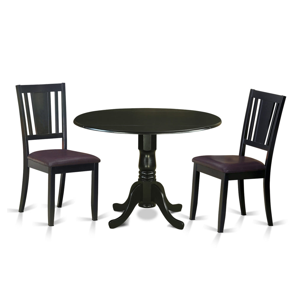 DLDU3-Z3H-VK 3-Piece Dining Ensemble with a Round Dropleaf Table and 2 Faux Leather Chairs, 42x42, Black