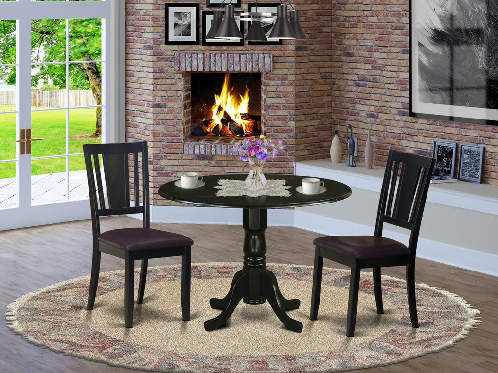DLDU3-Z3H-VK 3-Piece Dining Ensemble with a Round Dropleaf Table and 2 Faux Leather Chairs, 42x42, Black