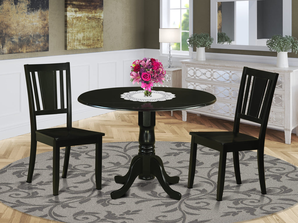 Elegant Dining Set DLDU3-YFX-A 3-Piece Round Table Ensemble for Compact Areas with Drop-Leaf Design and Wood Seating, 42-Inch, Charming Black Finish