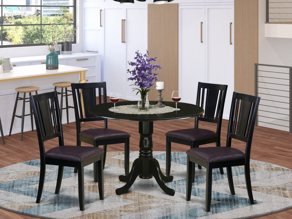 DLDU5-3EQ-KS 5-Piece Contemporary Set with Round Drop-Leaf Table and 4 Leather-look Black Chairs