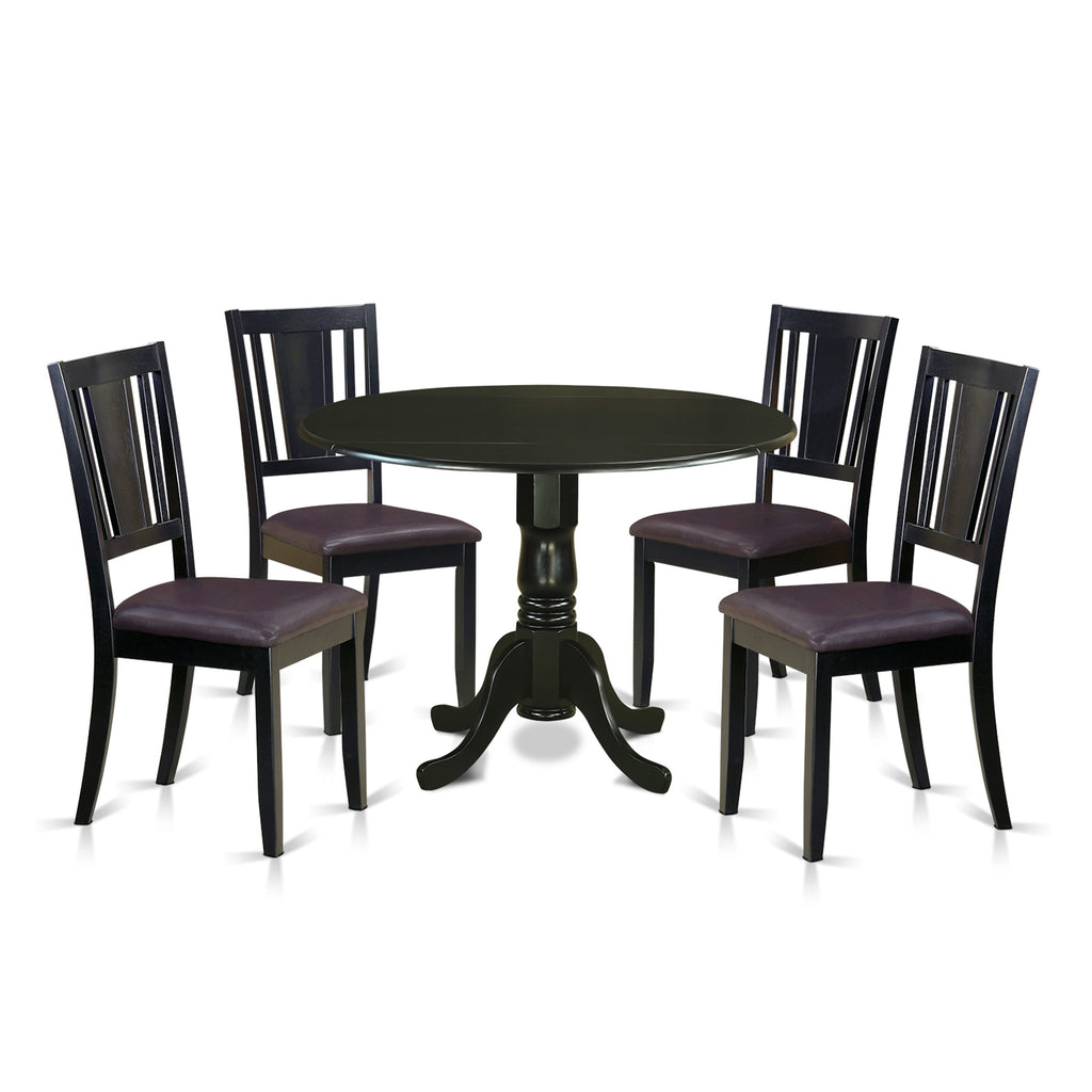DLDU5-3EQ-KS 5-Piece Contemporary Set with Round Drop-Leaf Table and 4 Leather-look Black Chairs