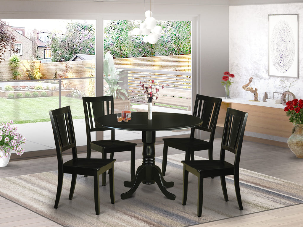 DLDU5-28M-H 5-Piece Compact Black Dining Ensemble with Round Drop-Leaf Table & Four Matching Chairs, Perfect for Small Spaces, 42