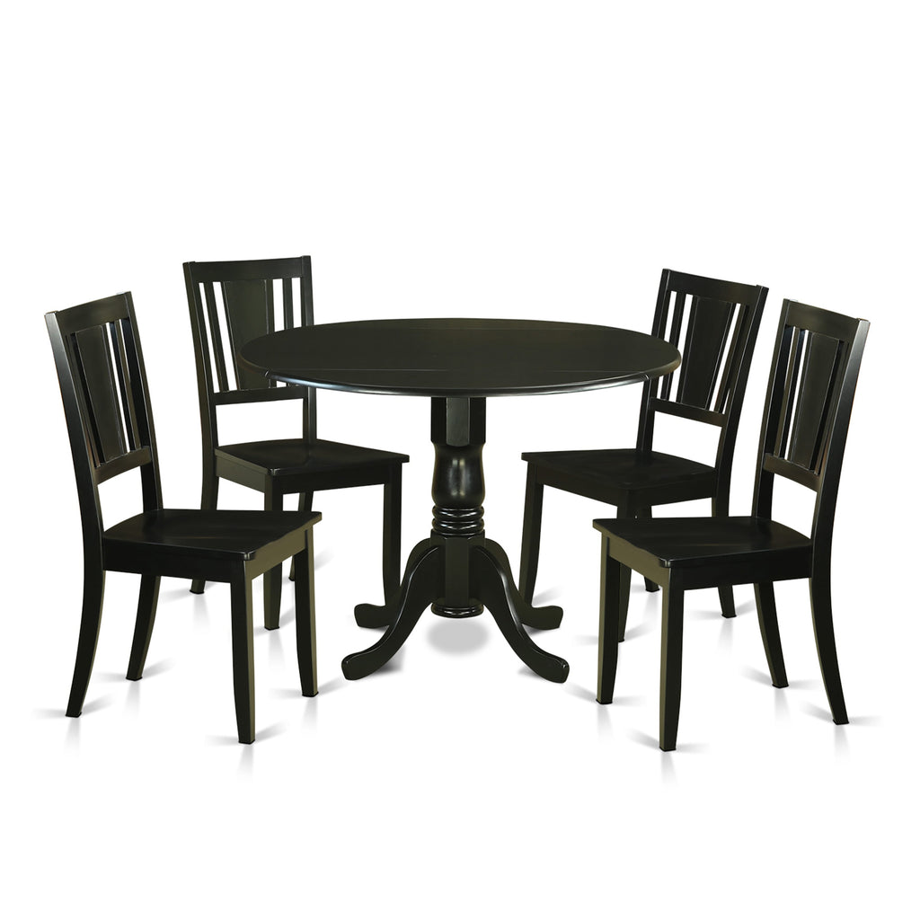 DLDU5-28M-H 5-Piece Compact Black Dining Ensemble with Round Drop-Leaf Table & Four Matching Chairs, Perfect for Small Spaces, 42