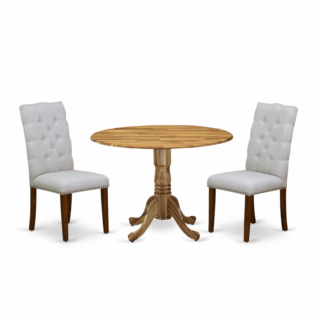 DLEL3-8SP-CE Modern Dining Set 3-Piece with Round Drop Leaf Table & 2 Elegant Grey Parsons Chairs, 42