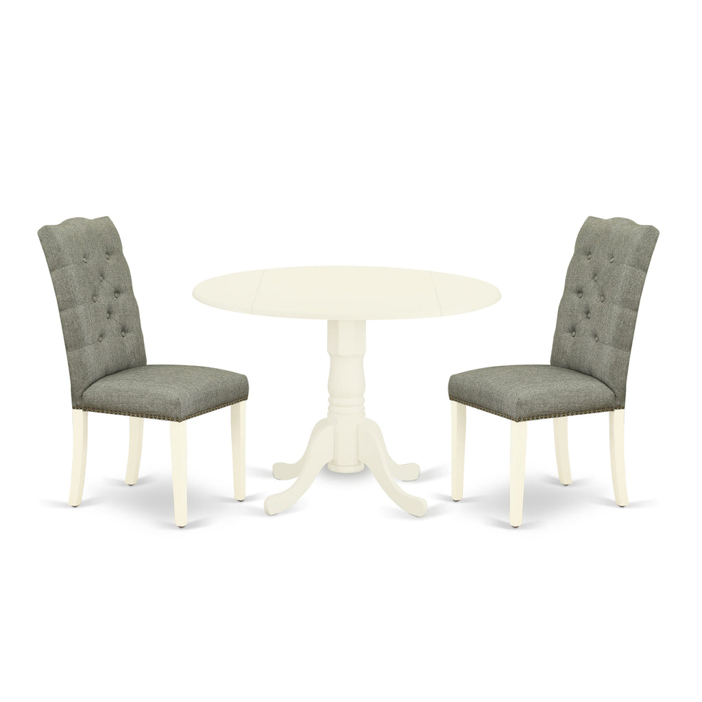 DLEL3-DQB-FN 3 Piece Stylish Dining Ensemble with Round Dropleaf Table & Pair of Parson Chairs - Linen White