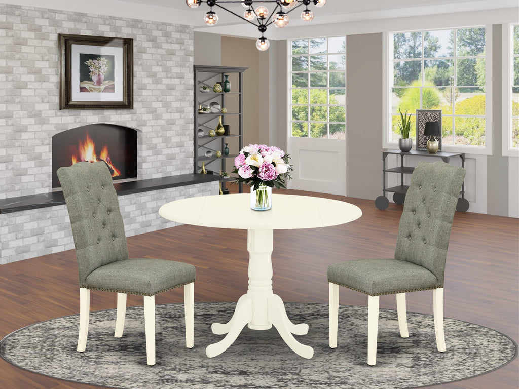 DLEL3-DQB-FN 3 Piece Stylish Dining Ensemble with Round Dropleaf Table & Pair of Parson Chairs - Linen White