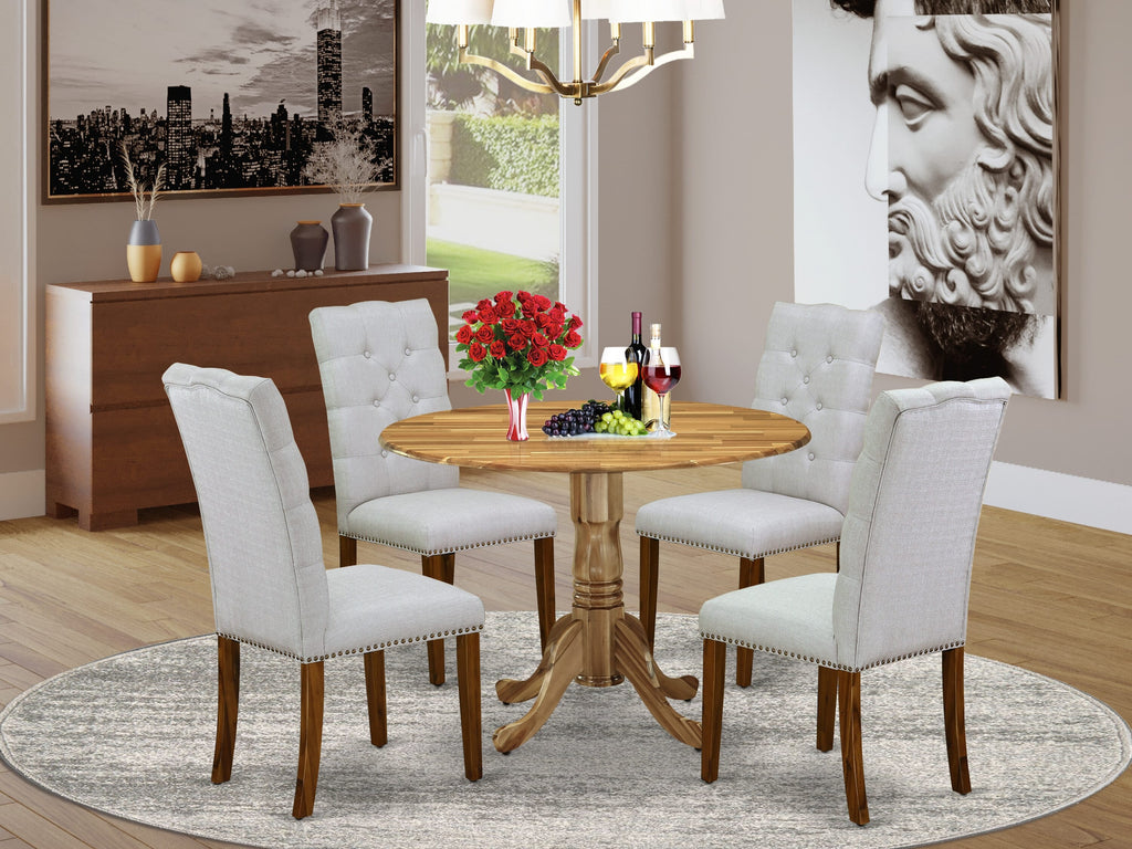 DLEL5-J74-UC 5 Piece Dining Set for Four Round Drop Leaf Table & Grey Upholstered Chairs, 42x42