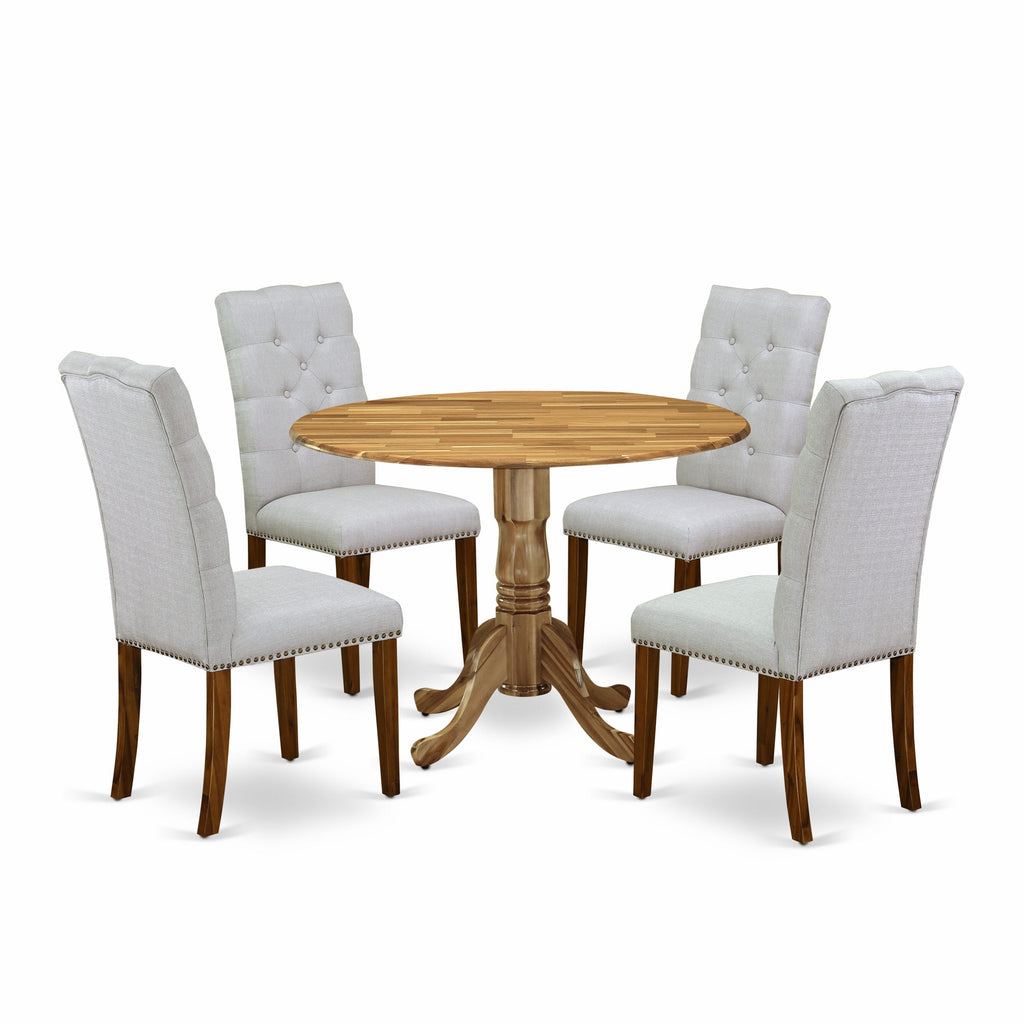 DLEL5-J74-UC 5 Piece Dining Set for Four Round Drop Leaf Table & Grey Upholstered Chairs, 42x42