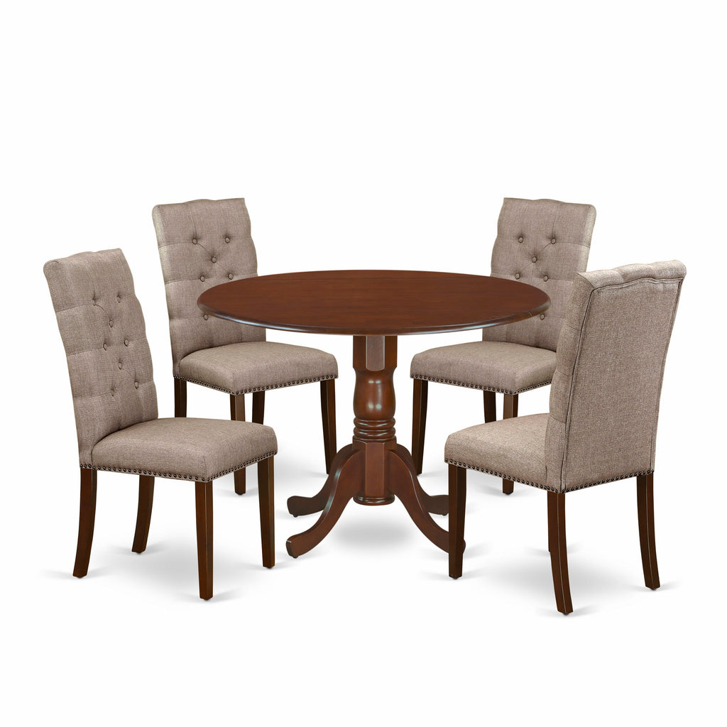 DLEL5-C9S-R1 5 Piece Dining Set with Round Drop Leaf Table & Linen Parsons Chairs, 42 Inch, Mahogany Finish