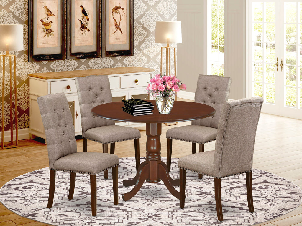 DLEL5-C9S-R1 5 Piece Dining Set with Round Drop Leaf Table & Linen Parsons Chairs, 42 Inch, Mahogany Finish