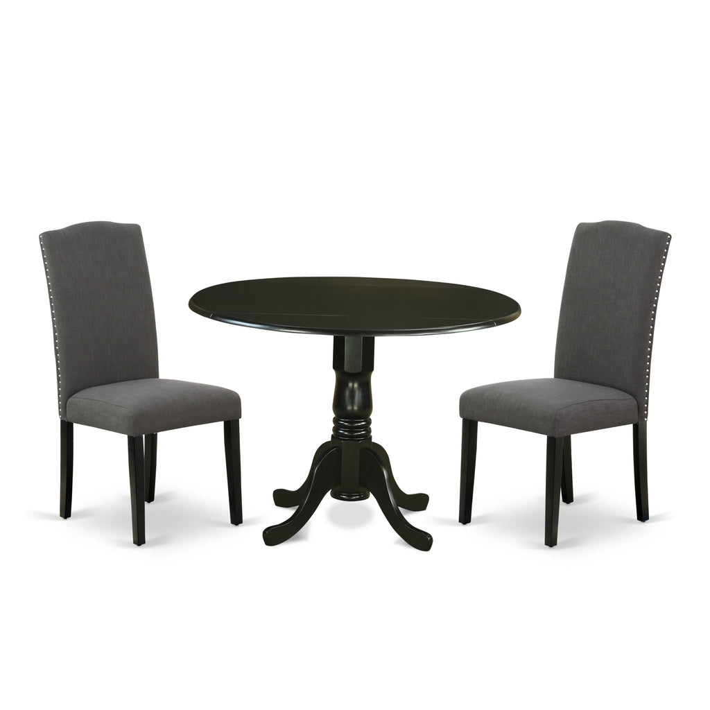 DLEN3-01G-9H Compact 3-Piece Dining Ensemble with Drop-Leaf Table & Dark Linen Chairs, 42x42