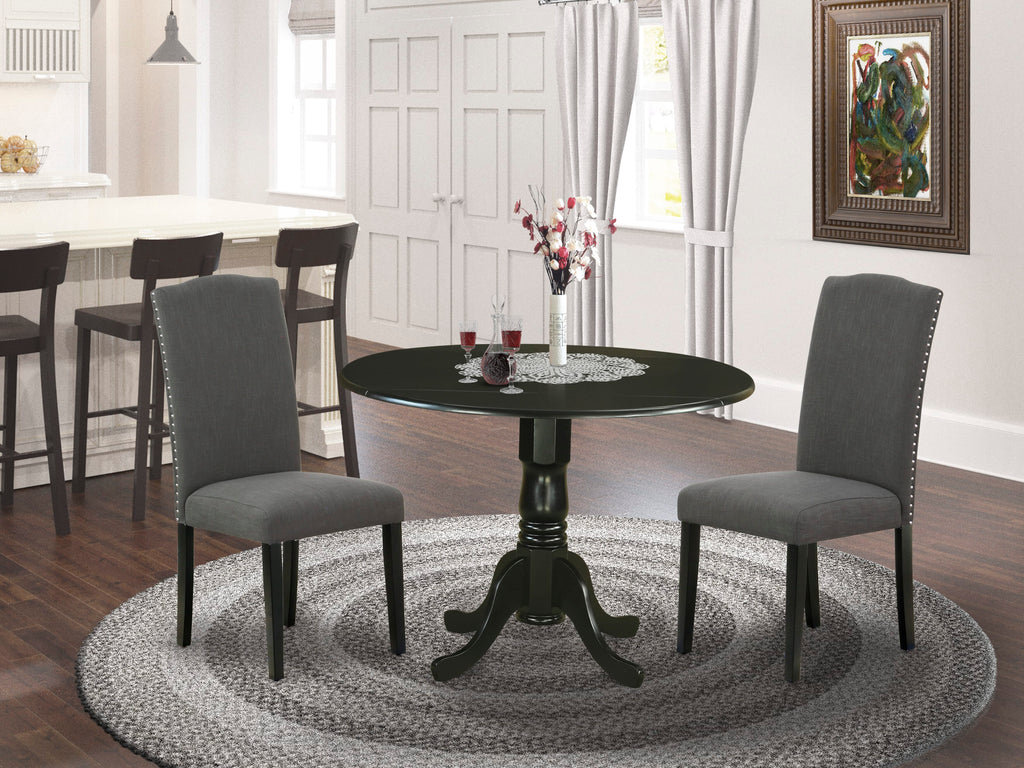 DLEN3-01G-9H Compact 3-Piece Dining Ensemble with Drop-Leaf Table & Dark Linen Chairs, 42x42