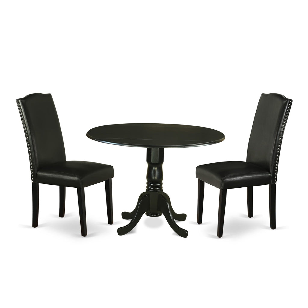 3-Piece Dining Ensemble DLEN3-O73-AE Round Dropleaf Table and Faux Leather Black Chairs
