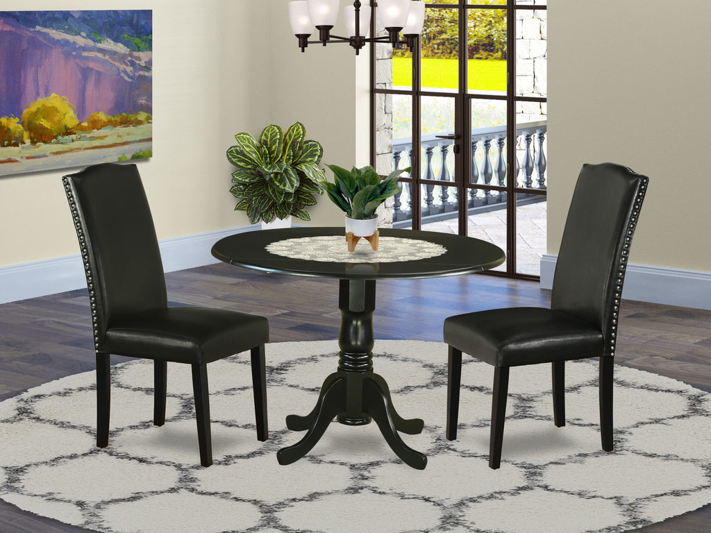 3-Piece Dining Ensemble DLEN3-O73-AE Round Dropleaf Table and Faux Leather Black Chairs